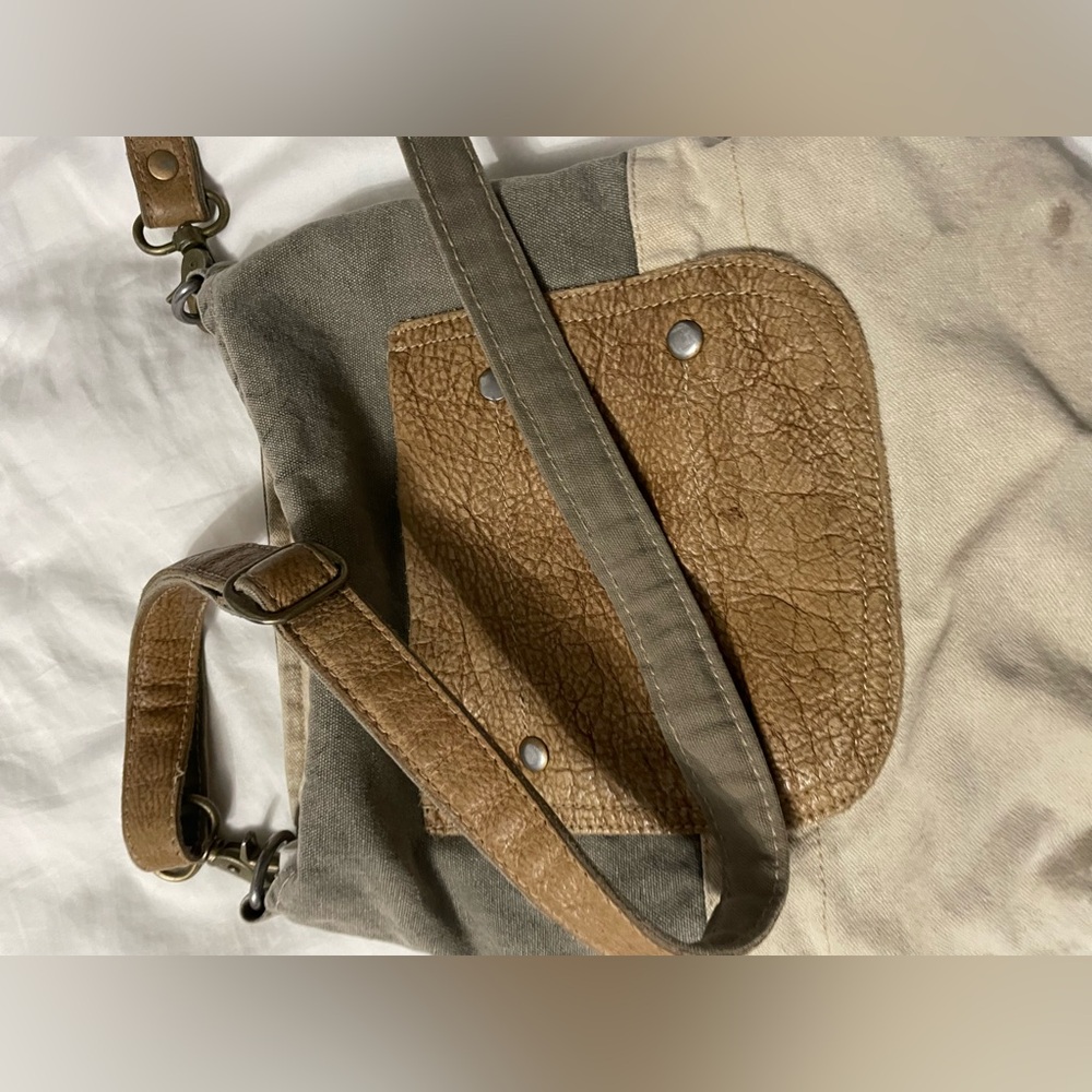 Gray Canvas and Leather Crossbody Bag with Tan Trim - Picture 5 of 14